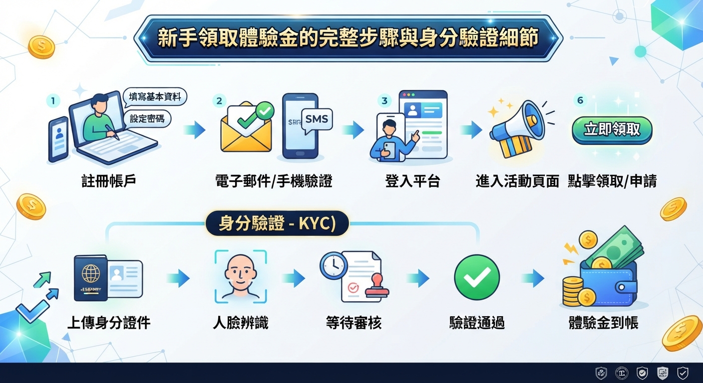 圖片上方清晰顯示了「新手領取體驗金的完整步驟與身分驗證細節」的標題。 畫面透過圖解與流程圖,詳細展示了帳戶註冊、驗證及身份審核(KYC)的完整領取過程。