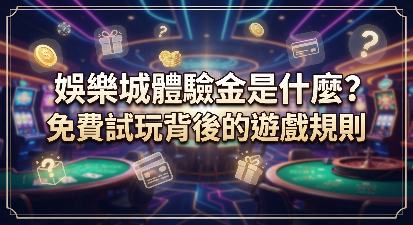 圖片背景為充滿高級感的娛樂城設計,點綴著金幣、禮物盒與問號圖標。 正中央醒目地標示著主題文字:「娛樂城體驗金是什麼?免費試玩背後的遊戲規則」。
